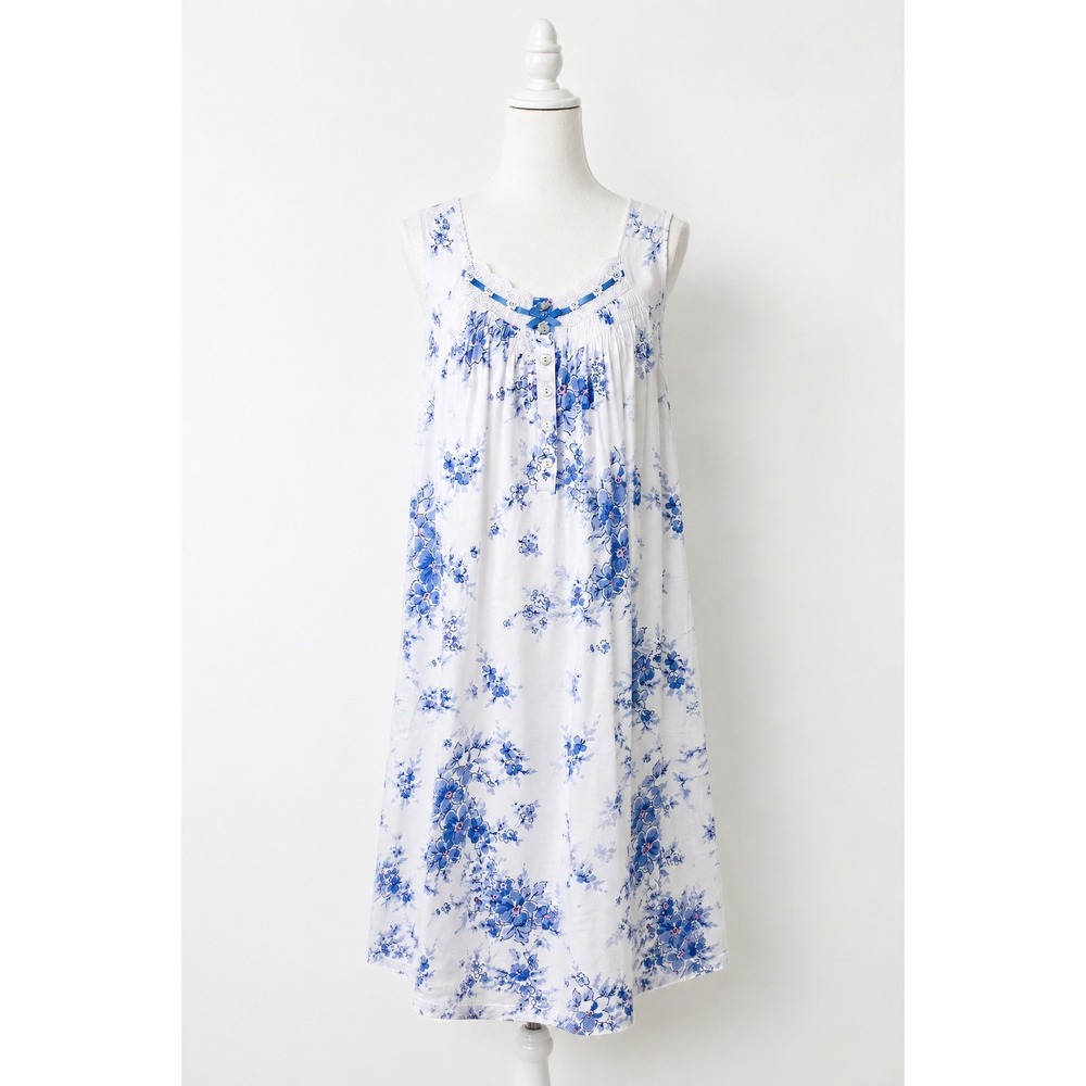 Aria Blue Floral 100% Cotton Jersey Chemise Nightgown S Sleeveless Pockets